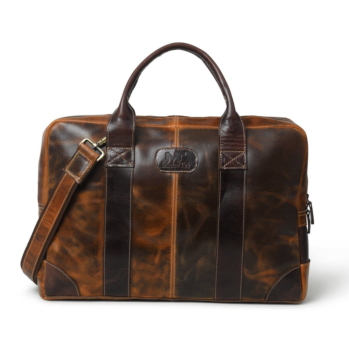 Tan and dark brown leather briefcase with handles and shoulder strap.
