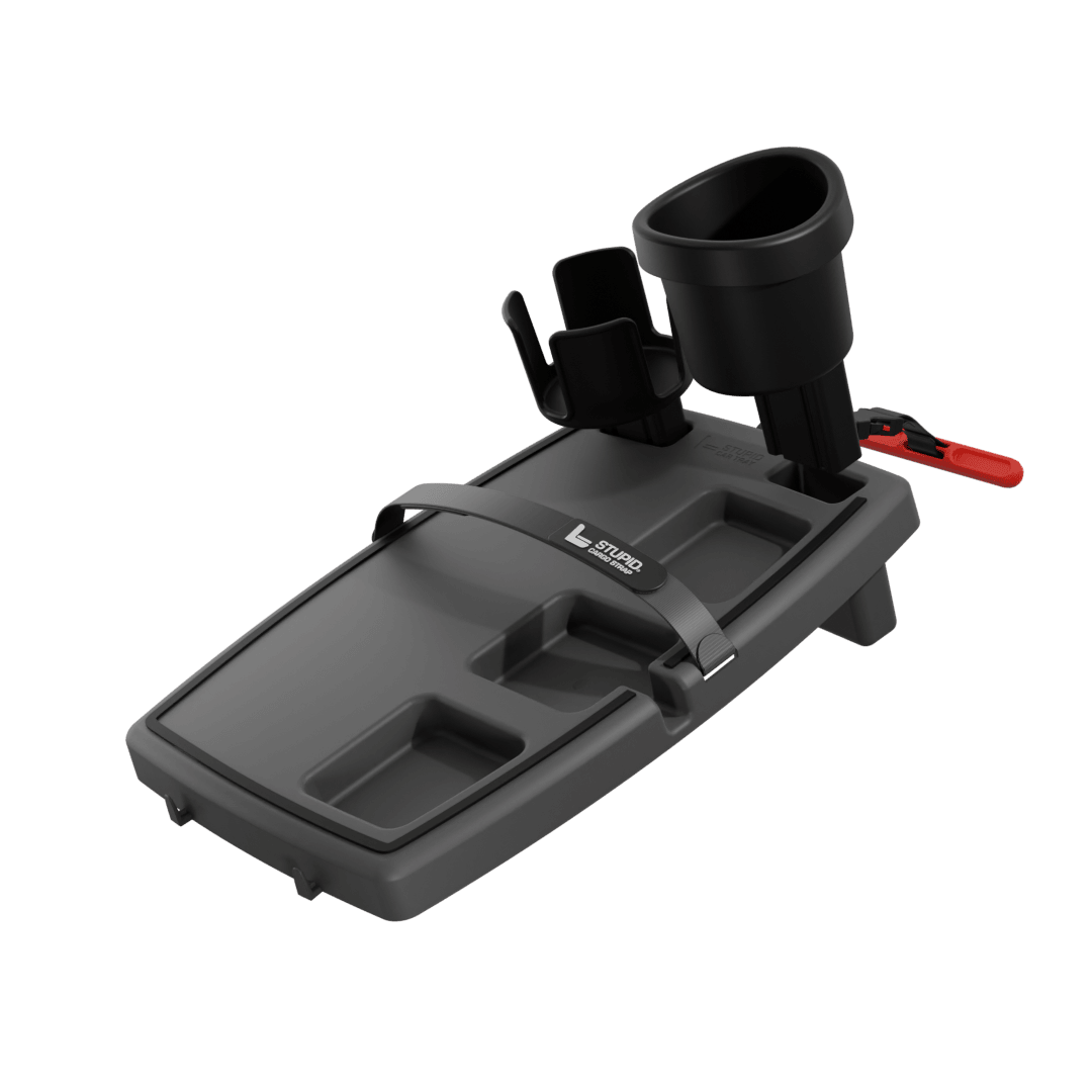 Car tray with XL drink holders on a vehicle passenger seat.