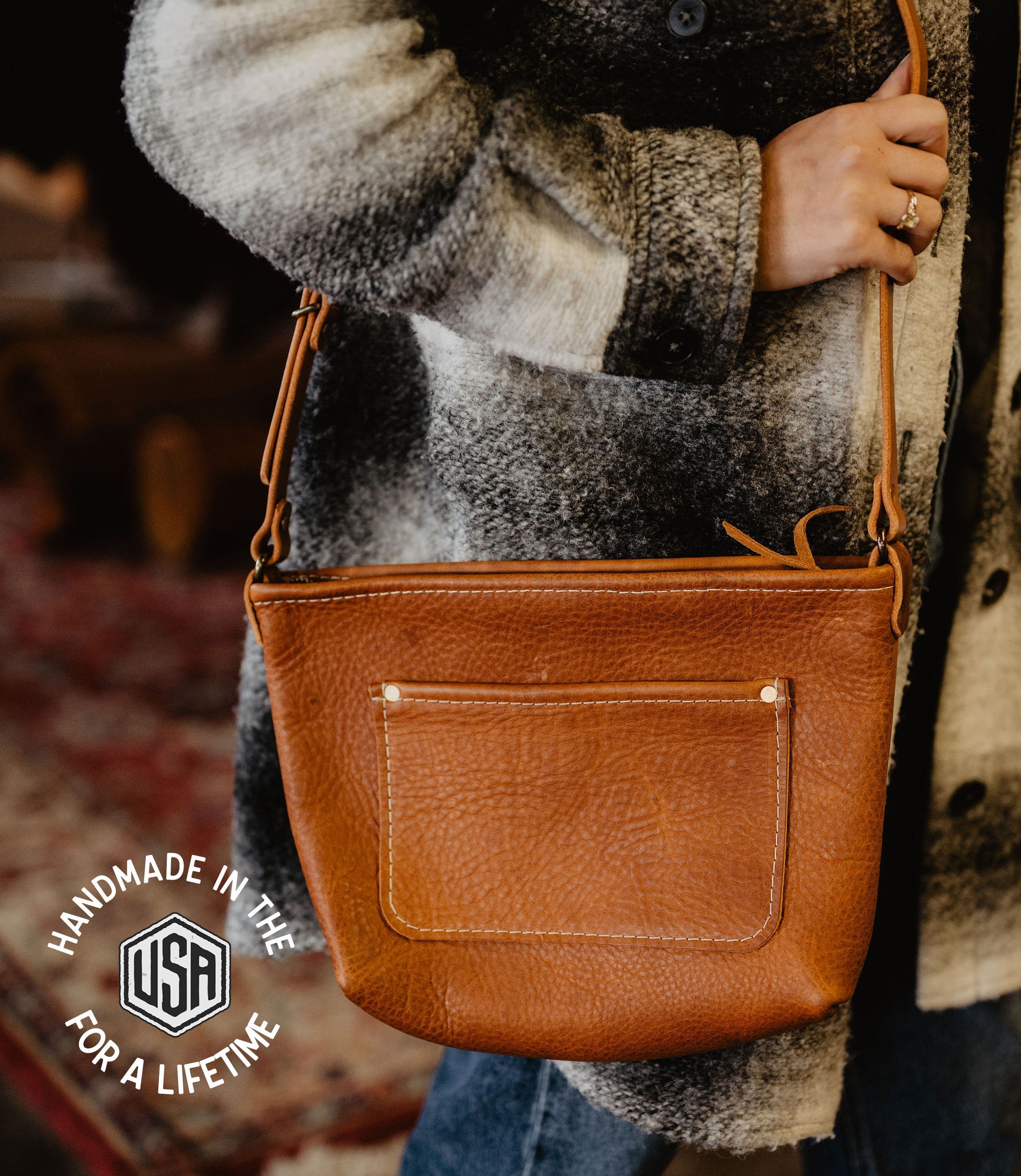 Caramel top-grain leather field bag