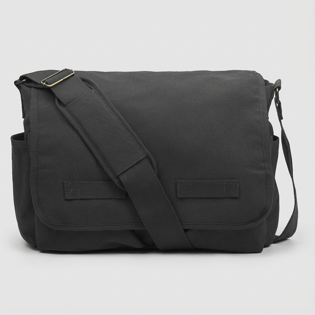 Black canvas messenger bag with flap closure and shoulder strap.