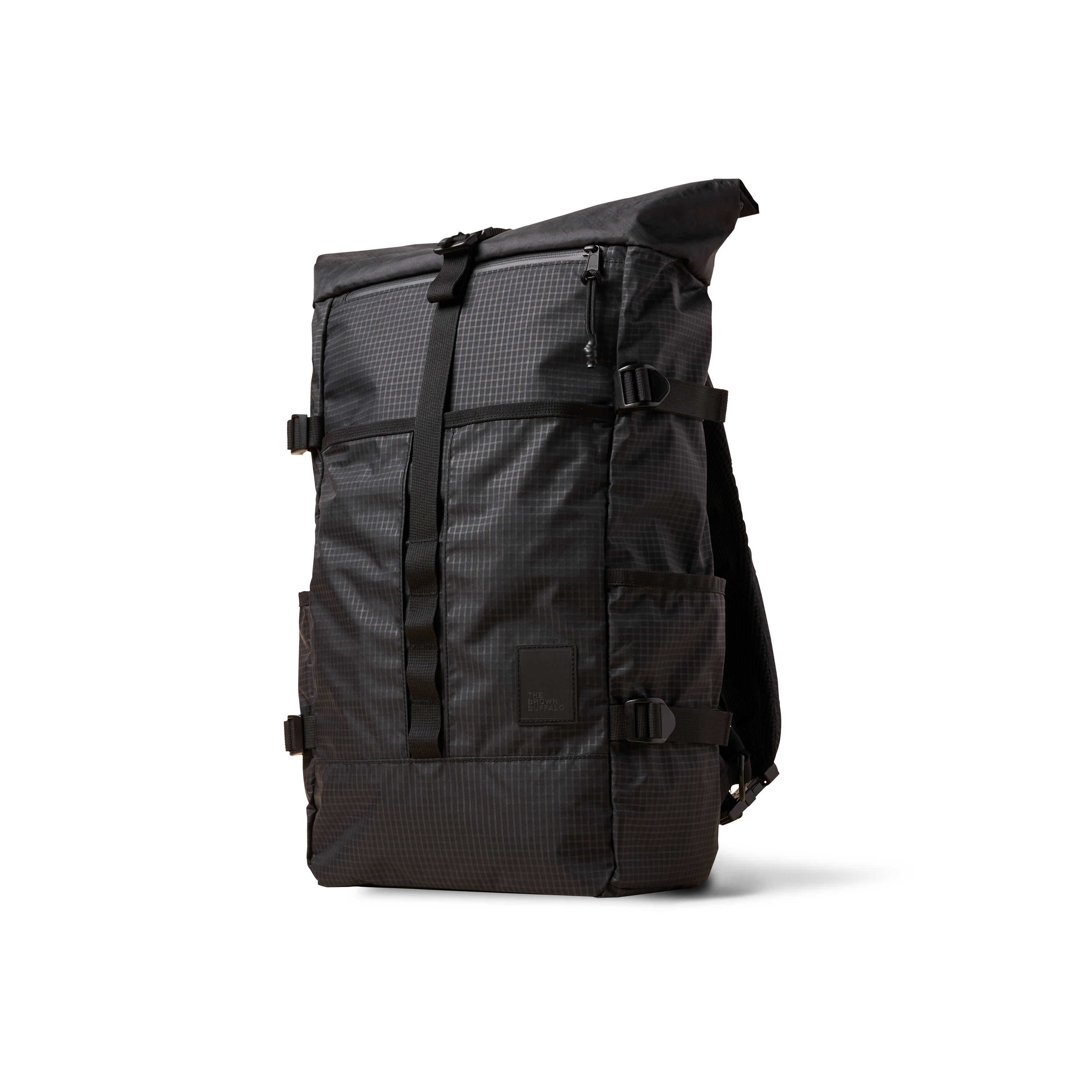 Black grid rolltop backpack.