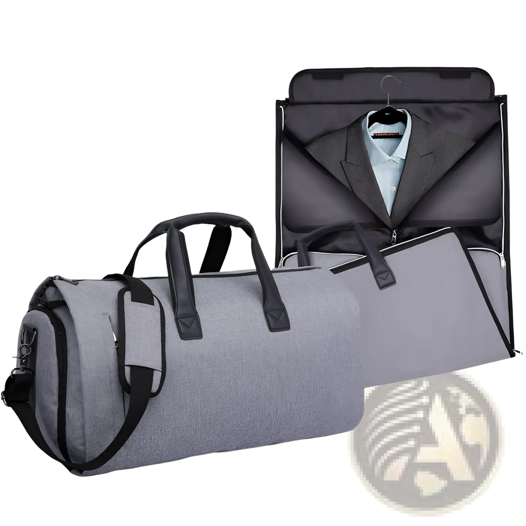 Convertible garment travel bag with shoe pocket in gray.