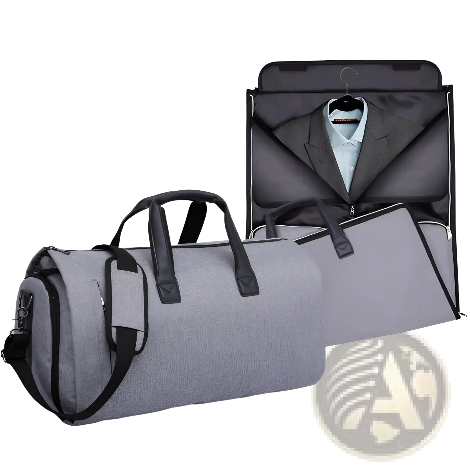 Convertible garment travel bag with shoe pocket in gray.