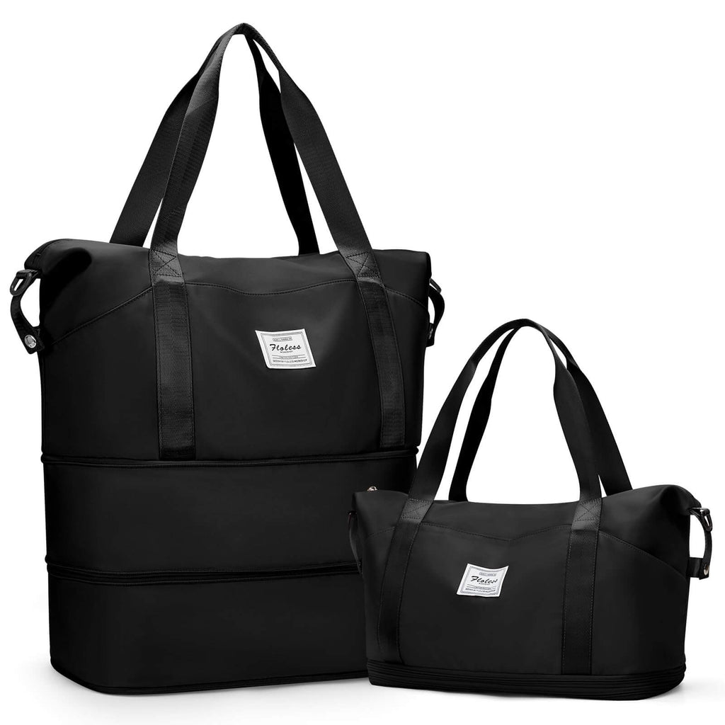 Black expandable weekender duffle bag with carrying handles and shoulder strap.