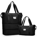 Black expandable weekender duffle bag with carrying handles and shoulder strap.