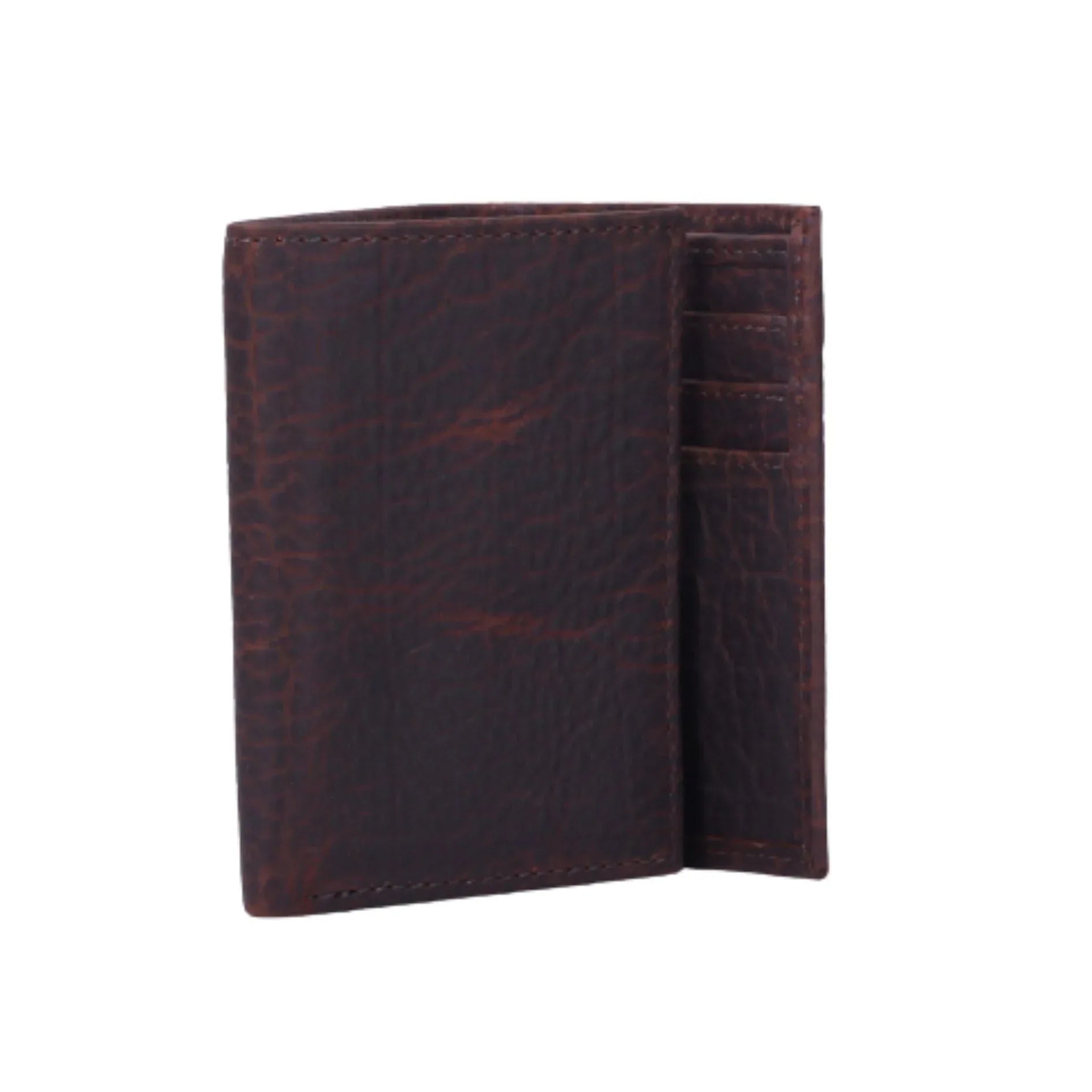 Brown full-grain American bison leather trifold wallet.