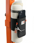 Black neoprene water bottle sleeve with storage pockets and a magnetic phone mount.