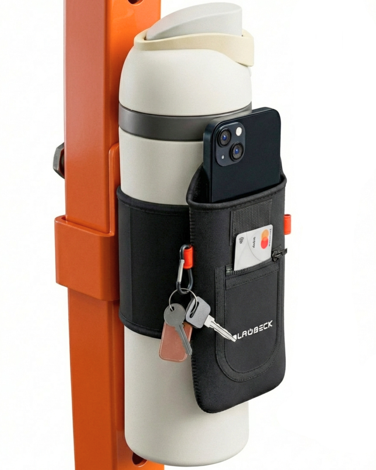 Black neoprene water bottle sleeve with storage pockets and a magnetic phone mount.