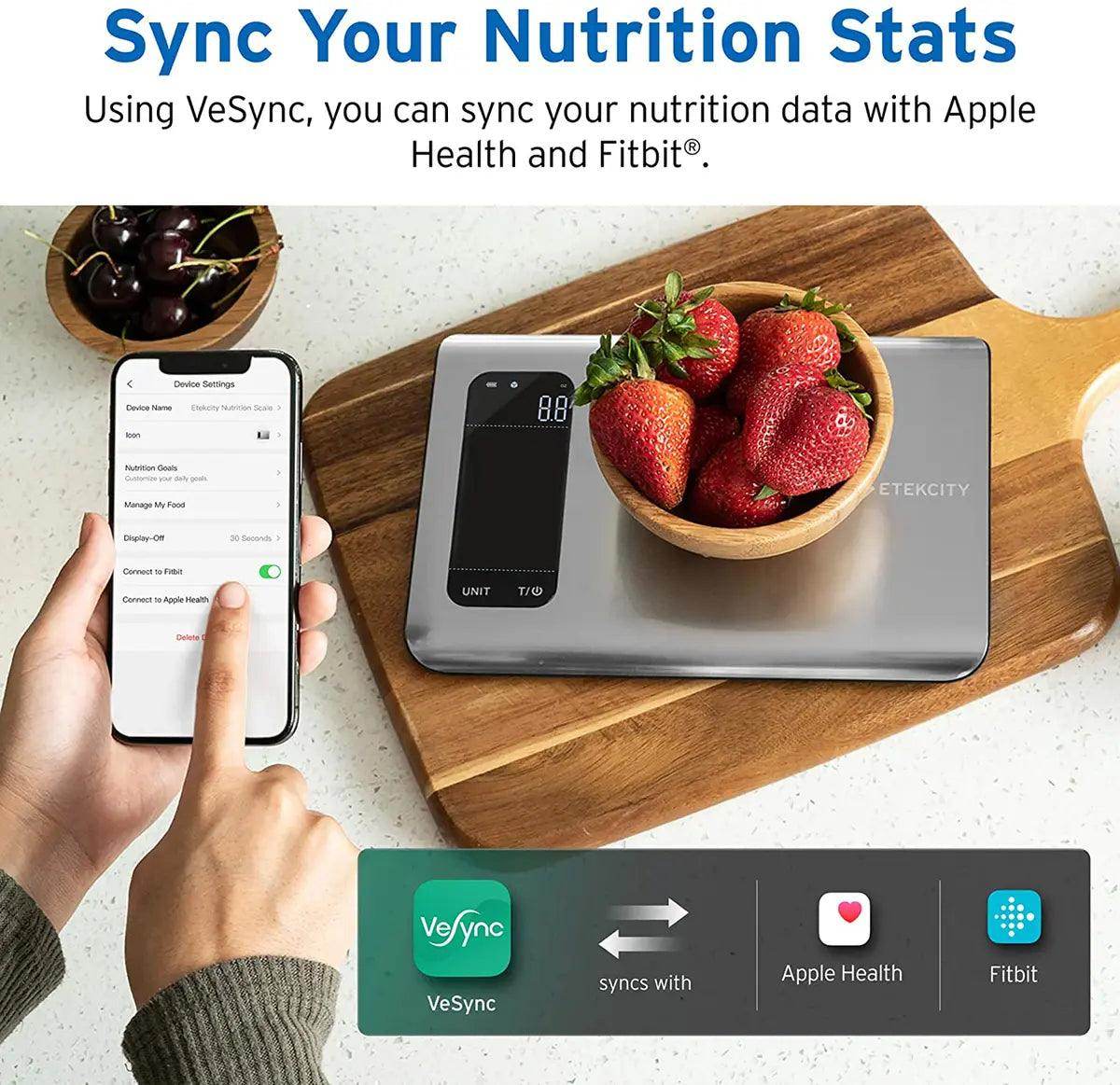 Digital smart nutrition food scale with a stainless steel weighing surface.