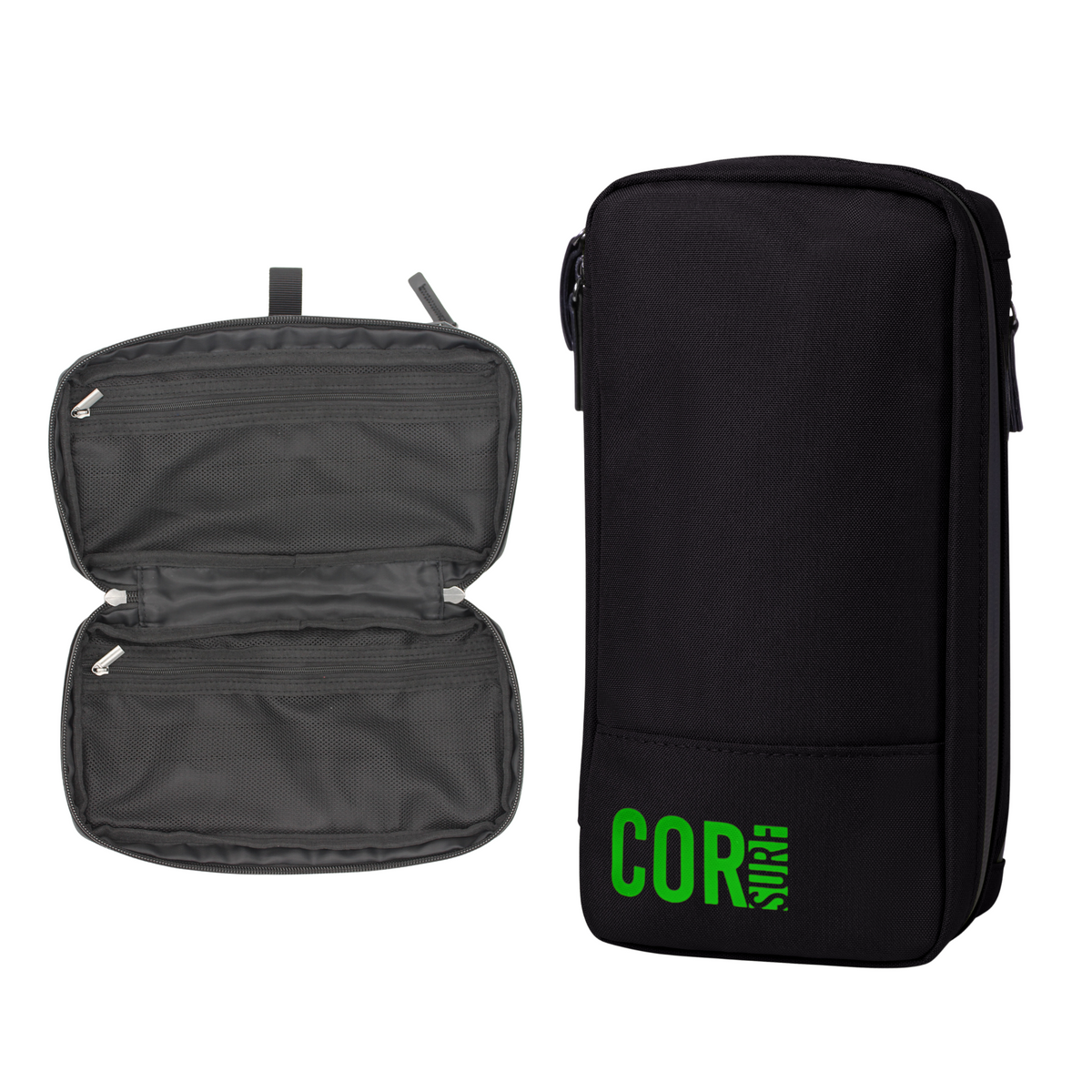 Black COR Surf compact toiletry travel bag shown closed against a white background.