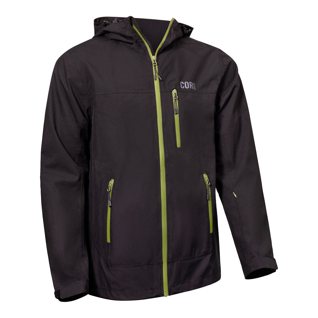 Black and green COR Surf Huakai travel rain jacket shown from the front.